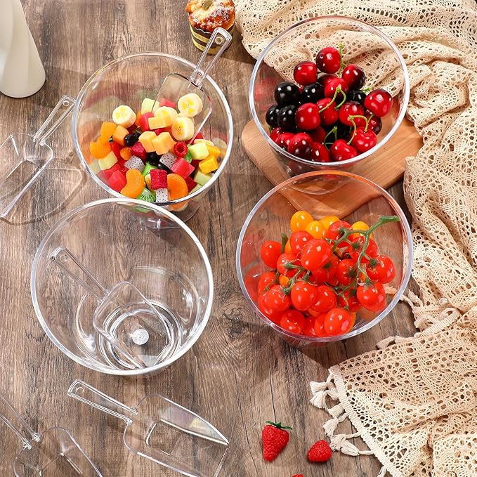 Sawysine 12 Pcs Acrylic Clear Serving Bowls with Plastic Kitchen Scoops Salad Serving Bowls Popcorn Scoops Angled Candy Bowl for Salad Cooking Parties(1.8 L)