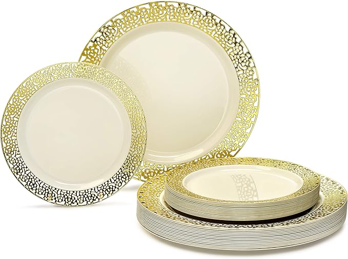 OCCASIONS 120 Plates Pack,(60 Guests) Premium Wedding Party Disposable Plastic Plates Set -60 x 10.25'' Dinner + 60 x 7.5'' Salad/Dessert (Florence Ivory/Gold)