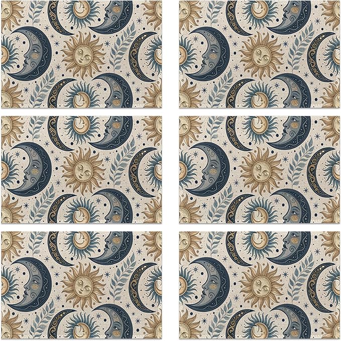 Sun Moon Stars Placemats, Boho Celestial Placemats 12x18 Inch Waterproof Non-Slip Washable Table Mats for Kitchen Dining Party Table Decor,Set of 6