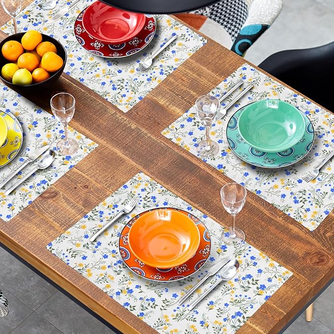 Spring Summer Placemats - Blue Yellow Floral Place Mats Set of 4 Botanical Flower Tablemats 12x18 for Party Kitchen Dining Farmhouse