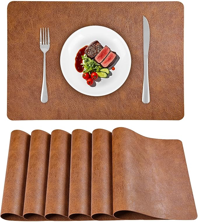 Faux Leather Placemats Set of 6, Washable Place Mats, Wipeable Waterproof Oil-Proof Heat Resistant Table Mats, Vinyl Placemats Rectangular Place Mat for Table Indoor Outdoor (Reddish Brown)