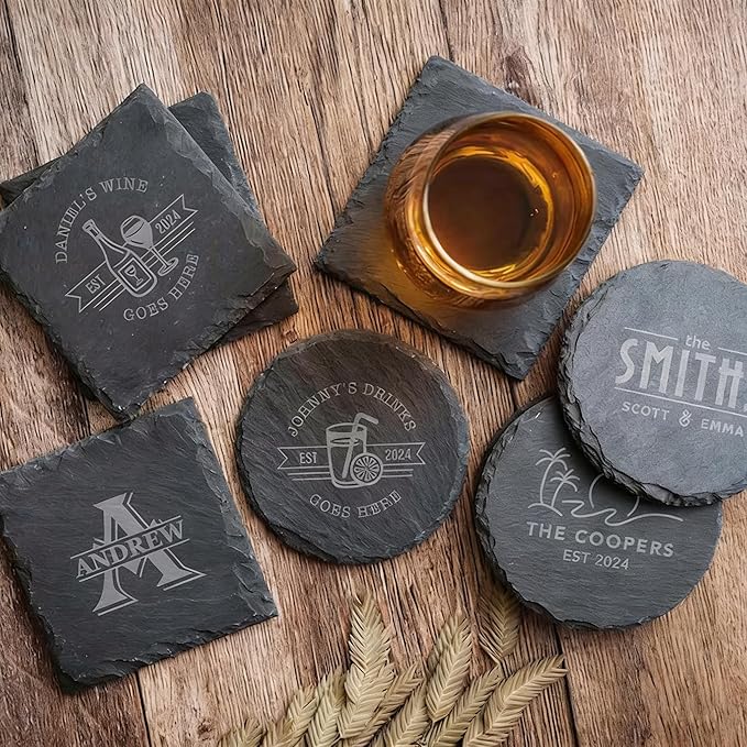6 Pieces Slate Drink Coasters, 4 Inch Personalized Black Coasters Stone Coaster Set, Laser Engraving Blanks, Scratch Resistant Bottom, Home Office Kitchen Housewarming Gifts Wedding Party,Round