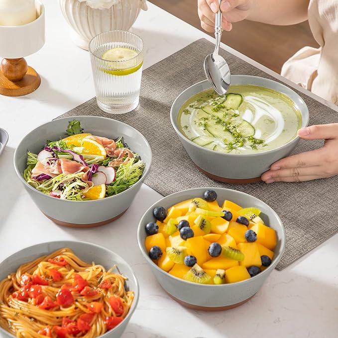 MALACASA Soup Bowls, Ceramic Salad Bowls Set of 4, 35oz Ceramic Bowls for Ramen, Cereal, Fruit and Pho, Microwave & Dishwasher Safe, Speckled Deep Bowls, Grey & Brown