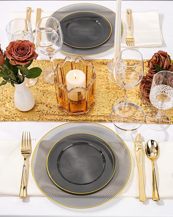 Hioasis 60pcs Black and Gold Plastic Plates - Black Disposable Dinnerware Set, 30pcs Dinner 10.25in & 30pcs Dessert 7.5in Plates with Striped Designs for Party & Wedding