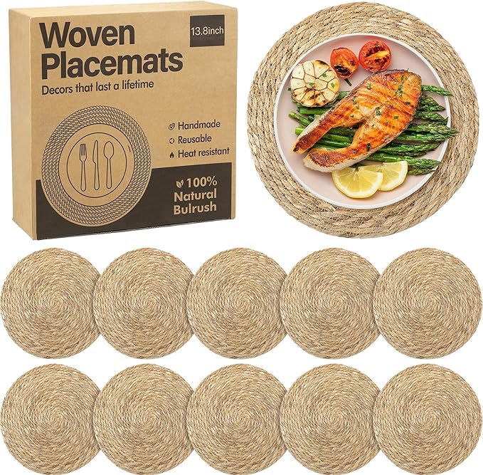 Elcoho 10 Pieces Round Woven Placemats 13.8 Inch Boho Rattan Placemats Farmhouse Braided Place Mats Woven Plate Chargers Rustic Wicker Table Mats for Dining Table