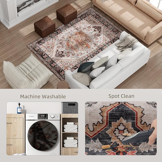 HOMCOM Washable Area Rug, 4'x6' Vintage Indoor Distressed Carpet, Retro Floor Cover Foldable, Floral Print Mat for Living Room, Bedroom, Dining Room, Tawny Brown