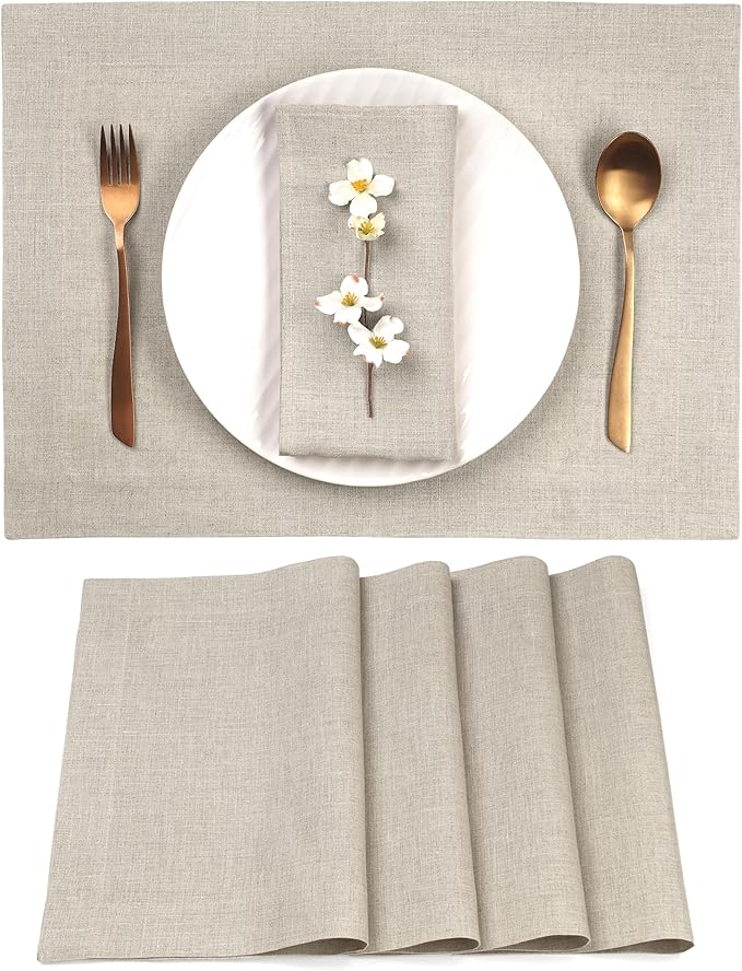 D'Moksha Homes Linen Natural Placemats Set of 4-100% Pure Linen Placemats 14 x 19 Inch for Valentines, Spring, Easter - Handcrafted and Machine Washable