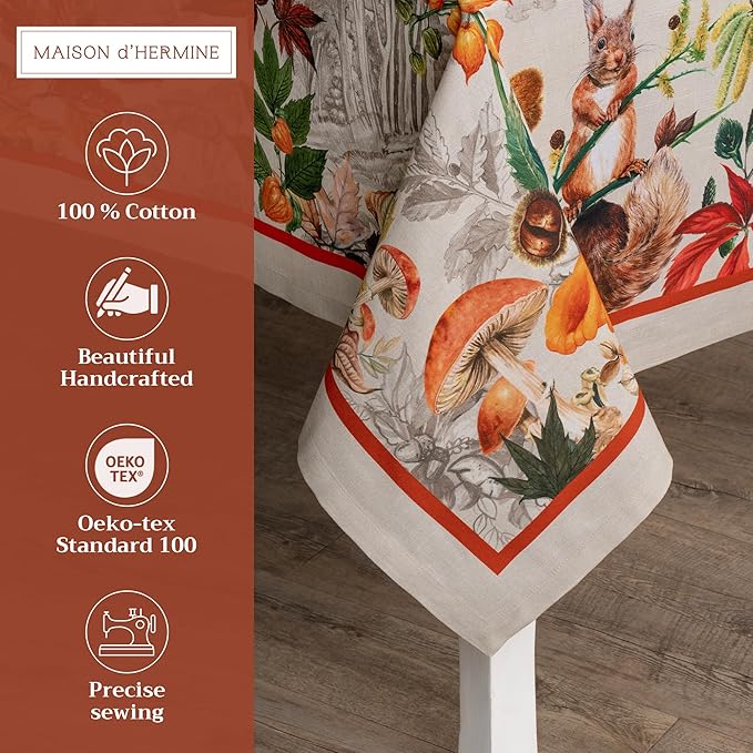 Maison d' Hermine Table Cloth Rectangle Table 100% Cotton 60 x 108 Inches Fall Tablecloth Reusable Everyday Use for Thanksgiving Christmas Decorations Dining Farmhouse Party (Recolte)