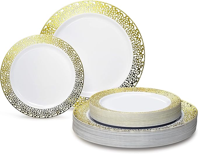 OCCASIONS 120 Plates Pack,(60 Guests) Premium Wedding Party Disposable Plastic Plates Set -60 x 10.25'' Dinner + 60 x 7.5'' Salad/Dessert (Florence White/Gold)