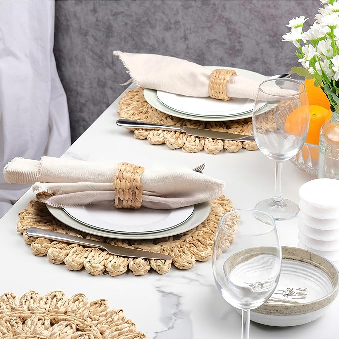13.8" Corn Husk Woven Round Placemats Set of 12 - Wicker Boho Farmhouse Placemats - Rattan Table Mats Like Water Hyacinth for Dining Table, Wedding, Home, Christmas, Party