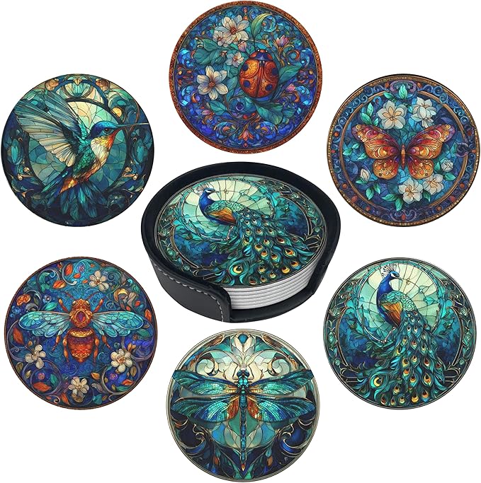 Insect Coasters Leather Round Drink Coasters 6 Pcs Set with Holderor for Cup Drink Coffee Table Bar Home Decor