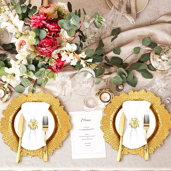 Dandat 48 Pcs Charger Plate Bulk 13'' Floral Reef Plates with Napkin Ring Plastic Dinner Charger Hollow Out Flower Napkin Holder Plastic Plate for Table Setting Wedding Party (Gold)