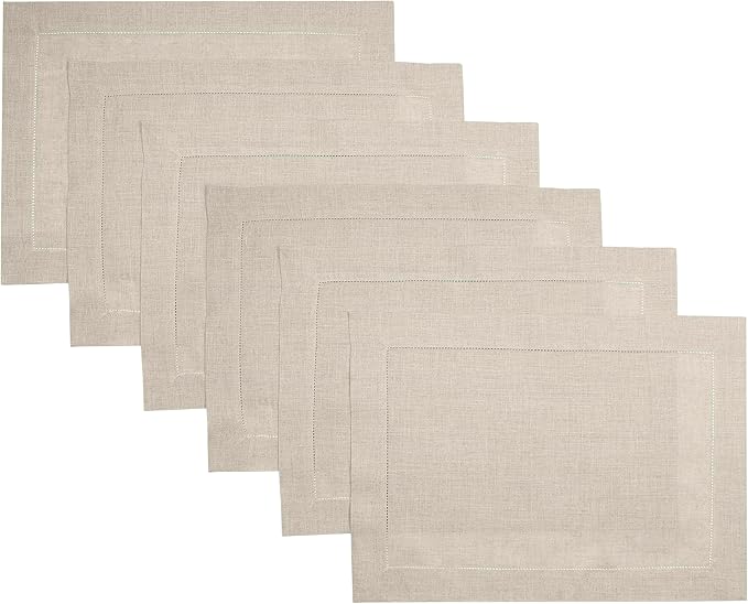 D'Moksha Homes Linen Placemats Set of 6 - Classic Hemstitch Natural Placemats 14 x 19 Inch - 100% Pure Linen Table Mats for Valentines, Spring, Easter - Handcrafted and Machine Washable