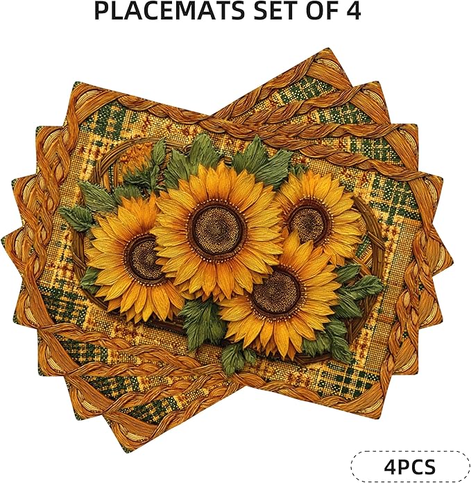 Sunflower Placemats Set of 4 Washable Table Place Mats for Dining Kitchen Party Decor