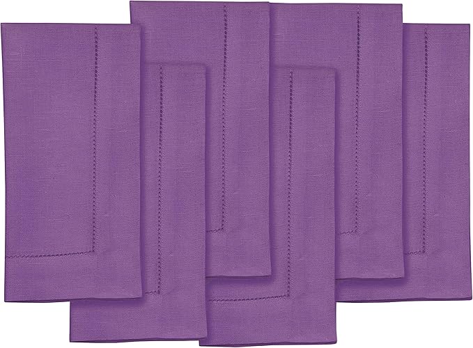Solino Home Purple Linen Napkins Set of 6-100% Pure Linen Hemstitch Dinner Napkins 20 x 20 Inch for Valentines, Spring, Easter - Classic Hemstitch