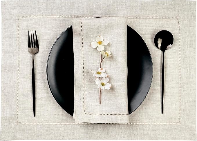 D'Moksha Homes Light Natural Linen Cloth Placemats Set of 4-100% Pure Linen Hemstitch Placemats 14 x 19 Inch - Classic Hemstitch Table Place Mats for Valentines, Easter - Machine Washable