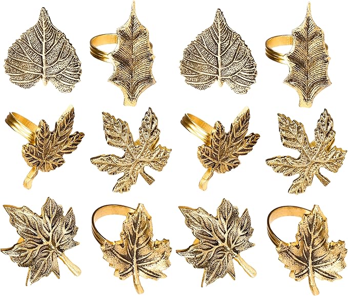 ALPHA Living HOME Rustic Napkin Rings Set of 12 - Elegant Leaf Napkin Holders for Dining Table, Wedding, Party, Holiday & Everyday Use - Handmade Decorative Table Accessories (Antique Gold)