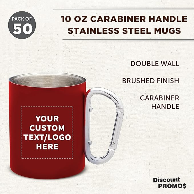 Custom Stainless Steel Mugs with Carabiner Handle 10 oz. Set of 50, Personalized Bulk Pack - Perfect for Coffee, Soda, Other Hot & Cold Beverages - Red