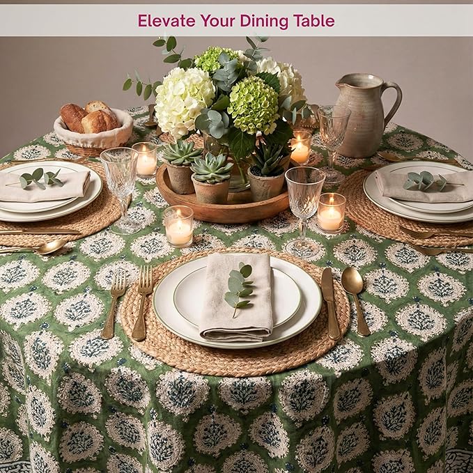 ATOSII Kari Green 100% Cotton Round Tablecloth, Handblock Print Floral Table Cloth for Kitchen Dining Linen I Parties, Weddings, Outdoors, Easter, Spring Summer Decor I 60" Inches Round