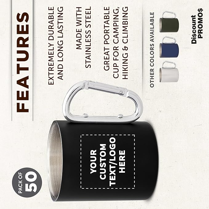 Custom Stainless Steel Mugs with Carabiner Handle 10 oz. Set of 50, Personalized Bulk Pack - Perfect for Coffee, Soda, Other Hot & Cold Beverages - Black