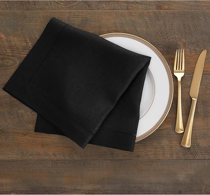 Solino Home Black Linen Napkins Set of 6-100% Pure Linen Hemstitch Dinner Napkins 20 x 20 Inch for Winter, Spring, Easter - Classic Hemstitch