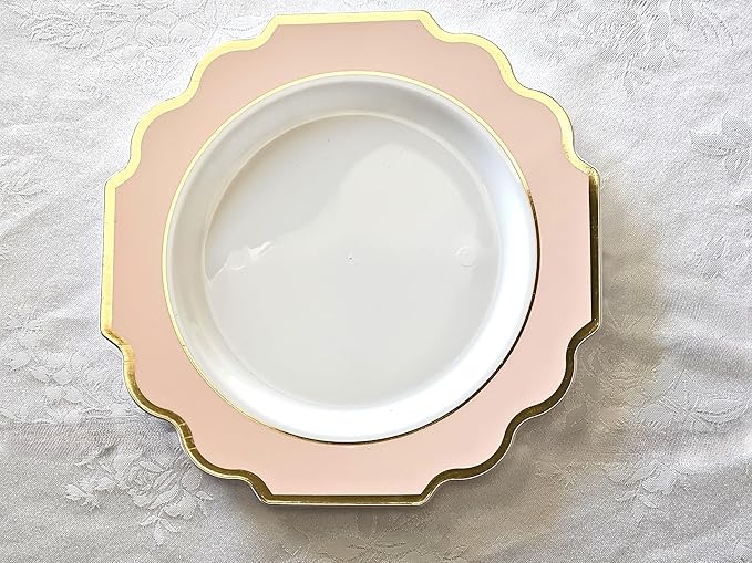 " OCCASIONS " 50 Plates Pack (25 Guests)-Heavyweight Wedding Party Disposable Plastic Plate Set -(25x10.5'' Dinner + 25x8'' Salad/Dessert) (Imperial in Blush Pink & Gold)