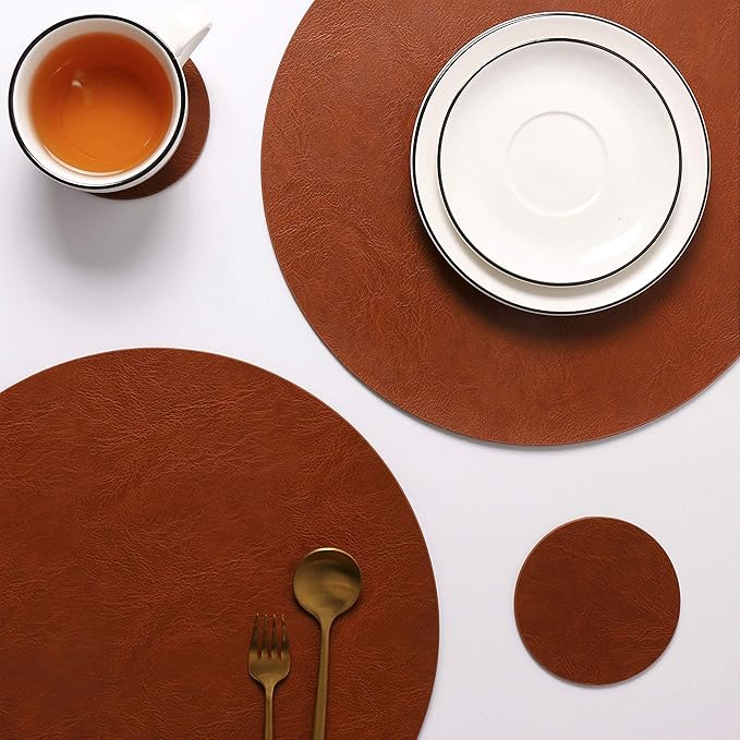 Set of 6 PU Leather Placemats, Waterproof Coffee Coasters, Kitchen Table Mats, Easy to Wipe Off for Dining Round Table