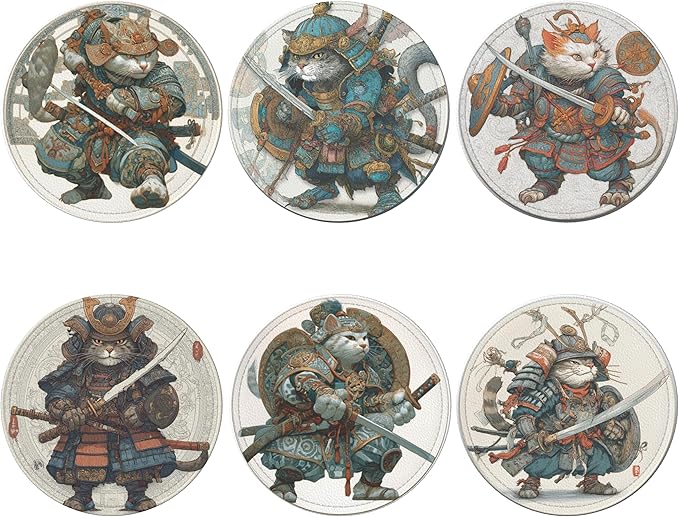 Japanese Cat Coasters Leather Round Drink Coasters 6 Pcs Set with Holderor for Cup Drink Coffee Table Bar Home Decor
