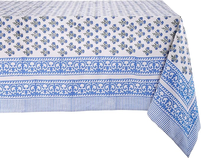 ATOSII Gulbahar Blue 100% Cotton Fall Rectangle Tablecloth, Handblock Print Floral Table Cloth for Kitchen Dining Linen I Thanksgiving Christmas Weddings Outdoors I 72 X 108 Inches I 8 Seater