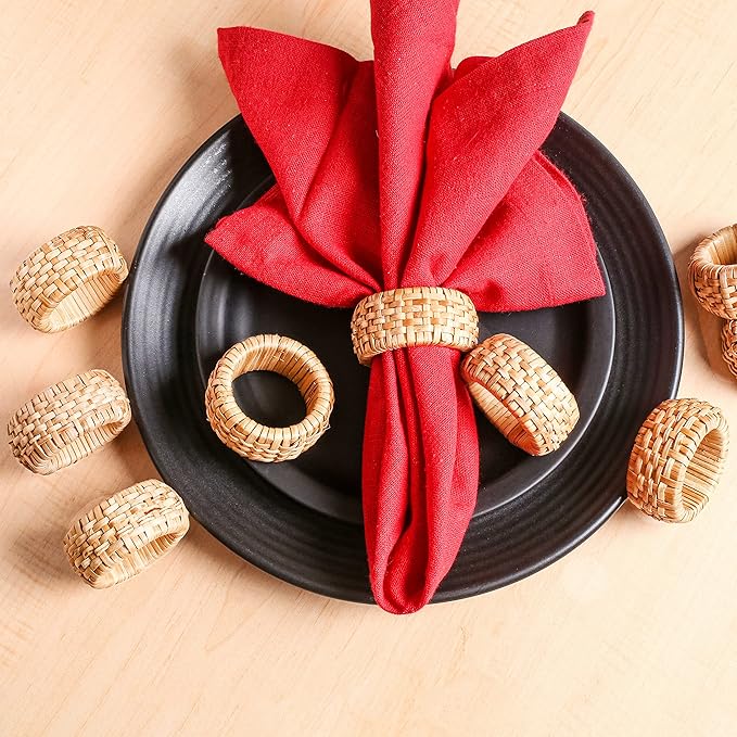 Rattan Napkin Rings Set of 12 - Fancy Elegant Beautiful Decorative Napkin Holder for Dining Table Décor, Easter, Farmhouse, Dinner, Wedding, Family Gathering, Thanksgiving & Everyday Use - Natural