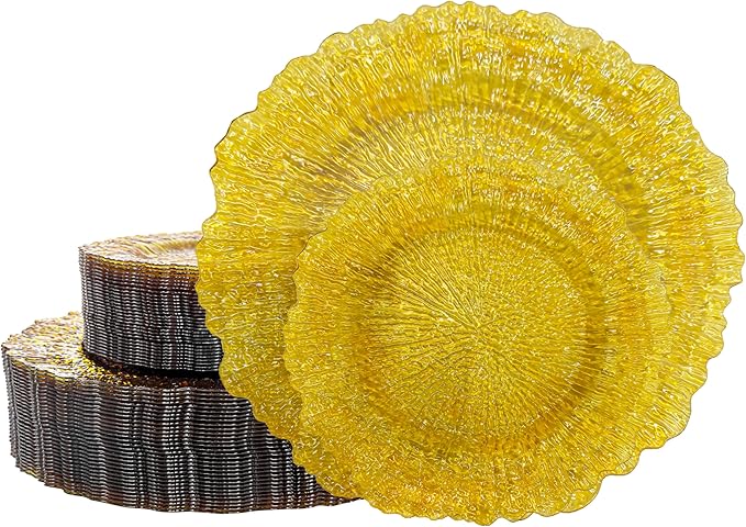 U-QE 60PCS Clear Yellow Plates - Yellow Plastic Plates Disposable&Reusable - Heavy Duty Plastic Plate for Party&Wedding Including 30 Dinner Plate 10" & 30 Appetizer 7"