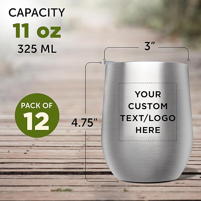 Custom Stemless Wine Glass Tumblers with Lids by Largo 11 oz. Set of 12, Personalized Bulk Pack - Perfect for Wine, Cocktails, Other Hot & Cold Beverages - Silver