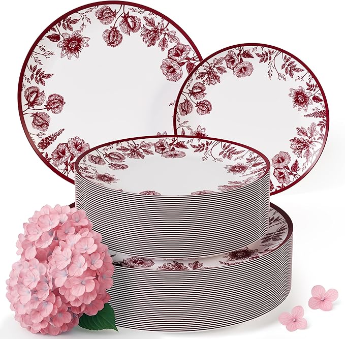 Trendables Disposable Plates For Party Supplies | Burgundy Floral Plastic Plates For Wedding 80 Pcs - 40 X 8 & 40 X 10 Dinner Plate Sets | Floral Plate Set Disposable Plastic Dinnerware Sets