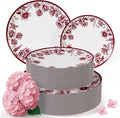 Trendables Disposable Plates For Party Supplies | Burgundy Floral Plastic Plates For Wedding 80 Pcs - 40 X 8 & 40 X 10 Dinner Plate Sets | Floral Plate Set Disposable Plastic Dinnerware Sets