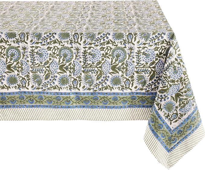 ATOSII Clover Blue 100% Cotton Rectangle Spring Tablecloth, Handblock Floral Linen Table Cloth for Kitchen Dining Table I Parties Weddings Outdoors Easter Home Decor 72 X 120 Inches I 10 Seater