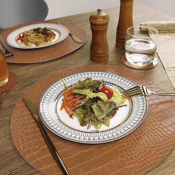 Jovono Round Leather Placemats for Round Tables Set of 8, Brown Place Mats and Coasters, Wipeable Waterproof Heat Resistant Table Mats Easy to Care for Indoor Decor 13 inch Diameter