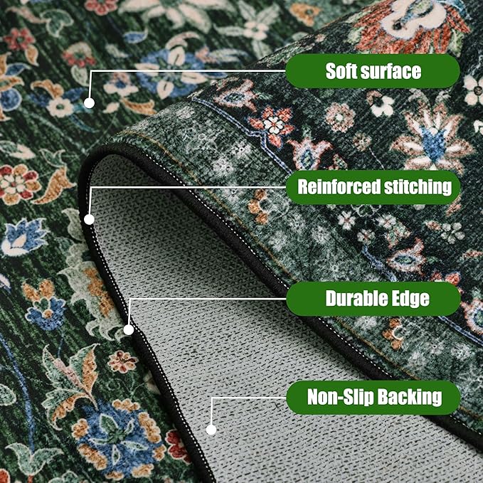 3x7 Runner Rugs for Hallway Non-Slip Hallway Runner Rug with Rubber Backing Washable Rug Runner for Kitchen Bedroom Vintage Distressed Carpet(Vintage Dark Green