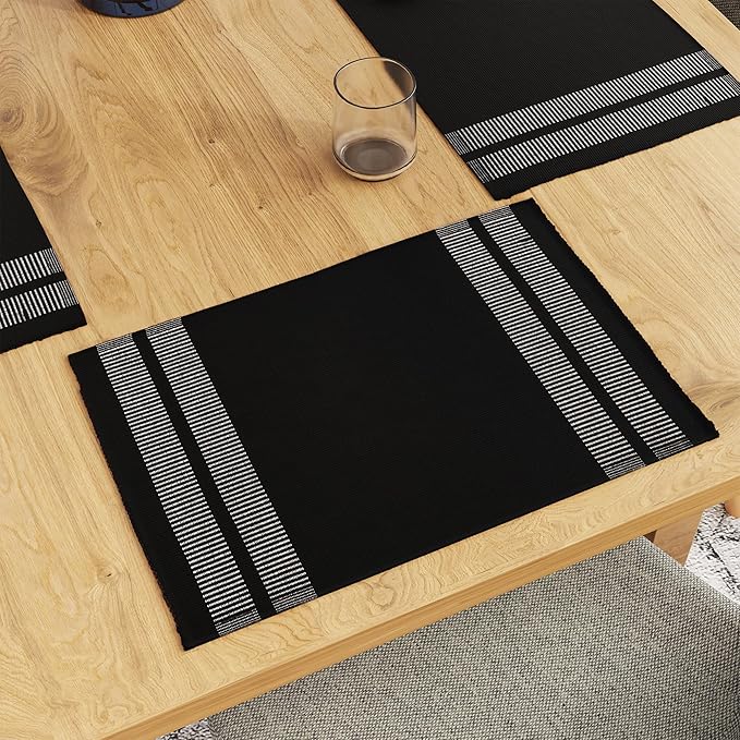 Encasa XO Dining Placemat Set of 6 | Ladder Black Color | Fine Ribbed Cotton Table mat | Size 18x13 in | Machine Washable
