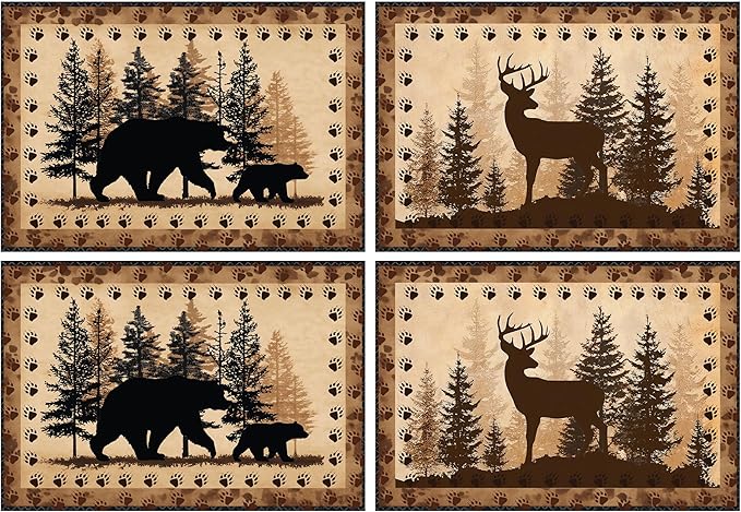 Bear and Deer Placemats Set of 4 Washable Table Place Mats for Dining Kitchen Party Decor