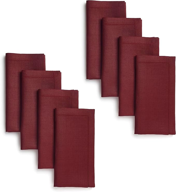D'Moksha Homes Dark Red Linen Napkins Set of 8 - Classic Hemstitch 100% Pure Linen Hemstitch Dinner Napkins 20 x 20 Inch for Valentines, Spring - Handcrafted and Machine Washable
