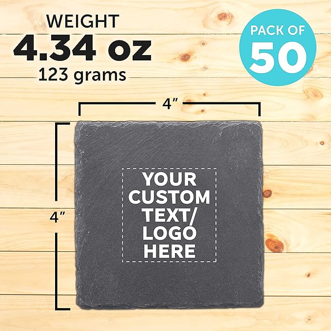 Custom Sohag Square Slate Coasters Set of 50, Personalized Bulk Pack - Table Decor, Kitchen Decor, Wedding Favors - Black