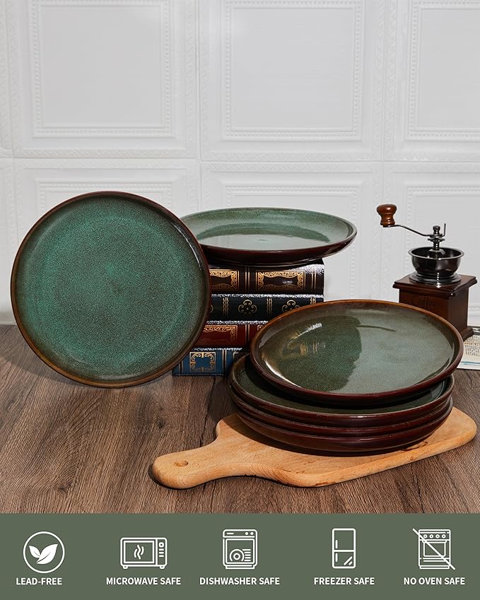 Ceramic Dinner Plates Set of 6, 10 Inch Handmade Reactive Glaze Stoneware Plates, Modern Rustic Dinnerware, Microwave & Dishwasher Safe, Scratch Resistant-Brown and Green