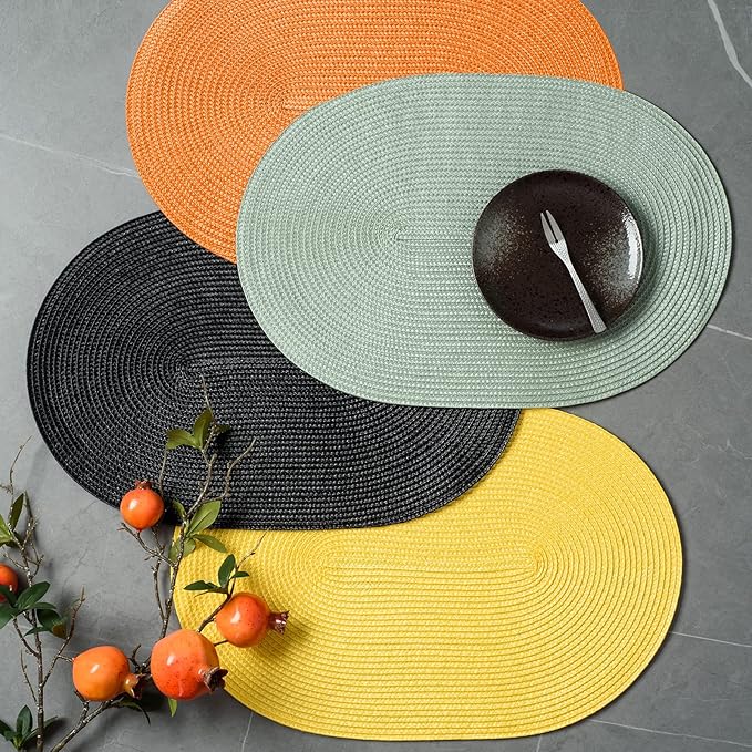 FunWheat Oval Braided Placemats Set of 4 Table Mats for Dining Tables Washable Heat Resistant Place Mats for Indoor Outdoor Use 12 x18 Inch (Oval Fog Green, 4pcs)