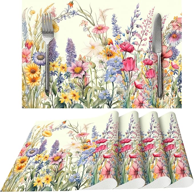 Flowers Placemats Set of 4 Washable Table Place Mats for Dining Kitchen Party Decor