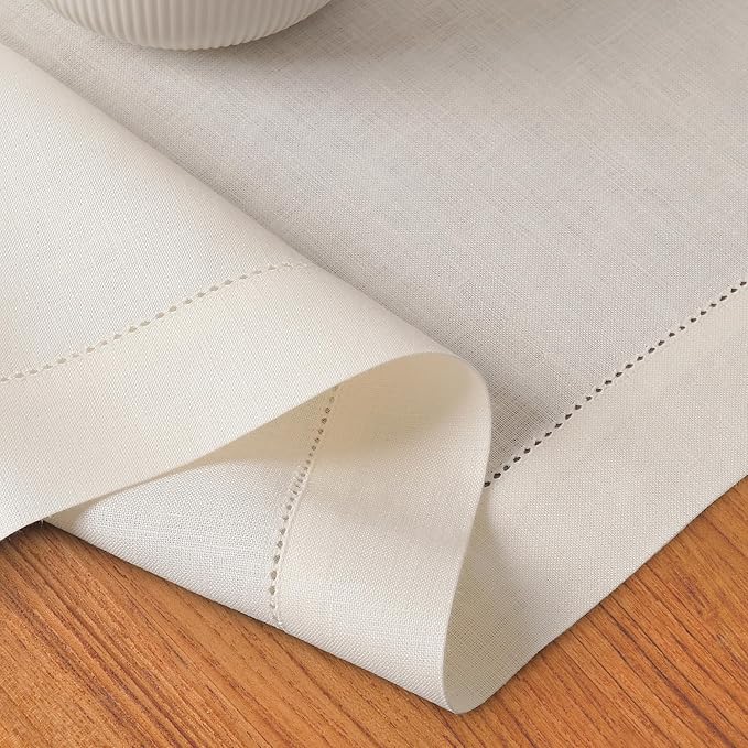 D'Moksha Homes Linen Ivory Table Runner 48 Inches - Classic Hemstitch, 100% Pure Linen Coffee Table Runner 14 x 48 Inch Ideal for Dresser Tables, Valentines, Spring, Easter