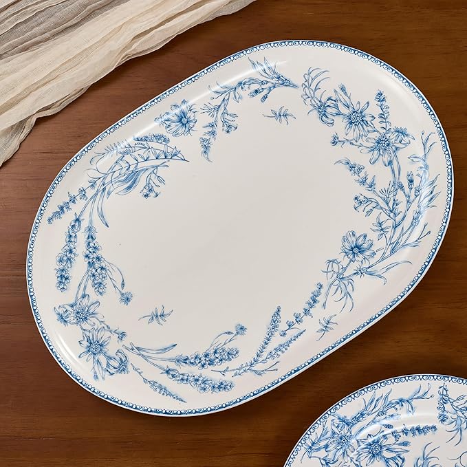 Bico Blue Garden Toile De Jouy 16 plus 12 inch Oval Platters Set, Set of 2, Microwave and Dishwasher Safe, for Serving Fish, Chicken, Turkey
