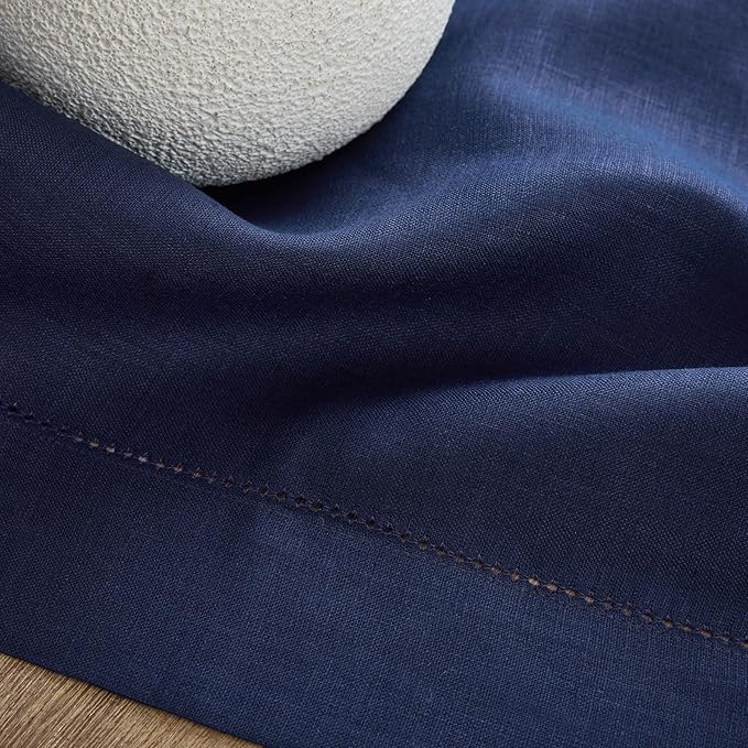 Solino Home Navy Blue Linen Tablecloth 60 x 120 Inch - 100% Pure Linen Hemstitch Table Cloth for Rectangle Tables - Classic Hemstitch, Machine Washable Tablecloth for Winter, Easter