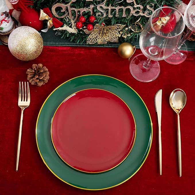 I00000 150Pcs Red and Green Plastic Plates with Gold Rim,Fancy Christmas Plastic Plates,Nice Christmas plates Set include 30 Dinner Plate,30 Dessert Plate, 90 plastic Silverware Set for christmas