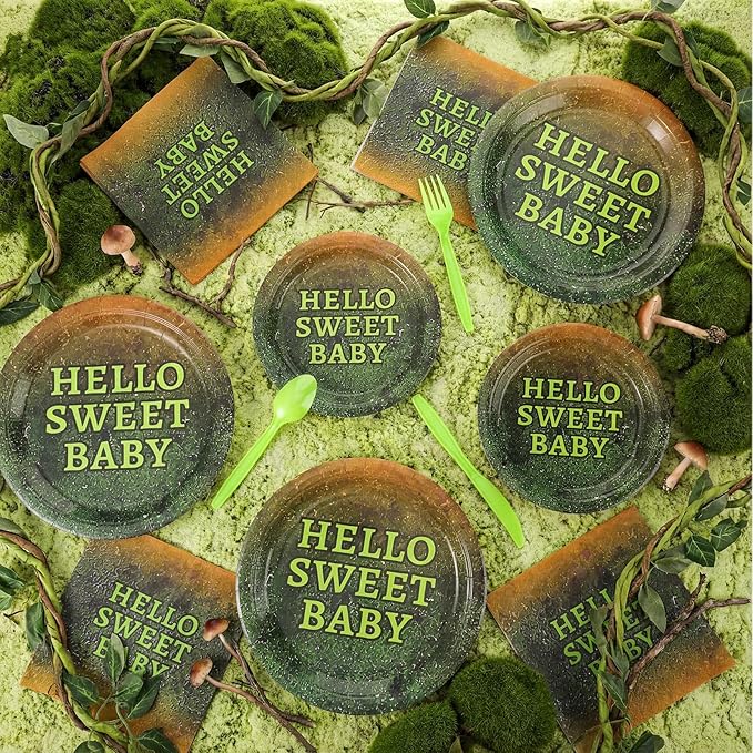 Yungyan 24 Sets Green Disposable Paper Plates and Napkins Forks Plates Nature Green Ogre themed Gender Reveal Themed Party Tableware Set Dinnerware for Baby Shower Bridal Shower Wedding