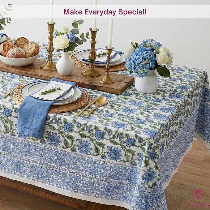 ATOSII Taj 100% Cotton Summer Tablecloth, Block Print Floral Rectangle Table Cloth for Dining Table I Parties Wedding Outdoors, Grand Millenial Decor 60 X 108 Inches I 8 Seater
